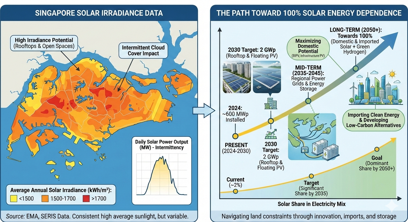 Singapore Solar Irradiance Data and the Path Toward 100% Solar Energy Dependence